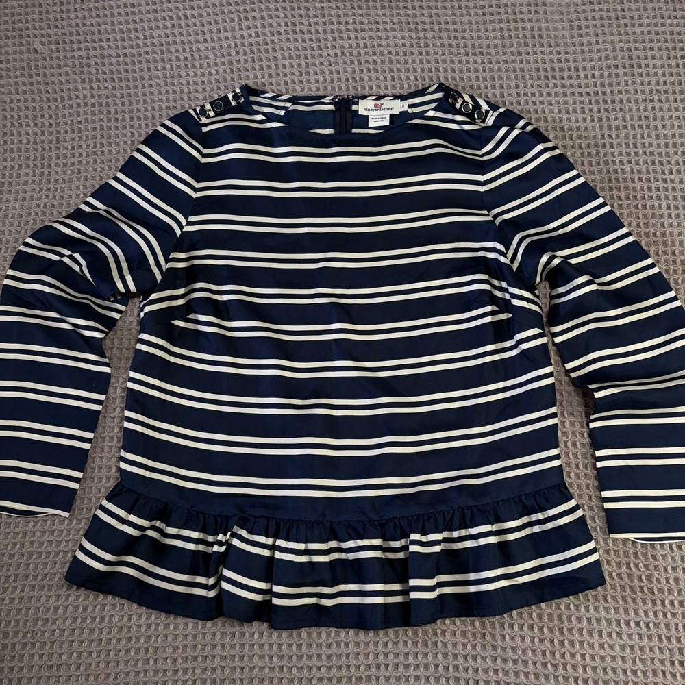 Vineyard Vines Silk Blue White Peplum Striped Long Sleeve Womens 8